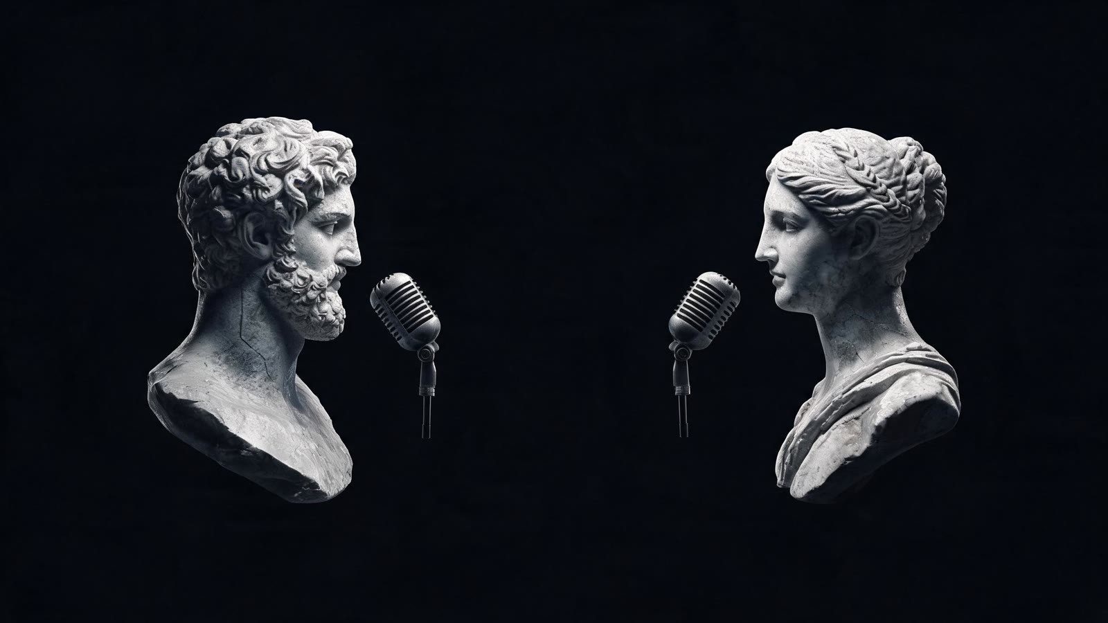 Two marble busts in conversation across studio microphones
